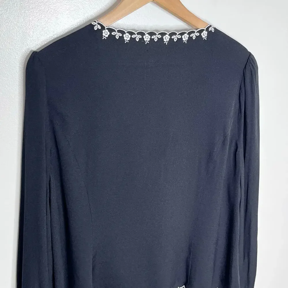 Reformation Vivia Embroidered Scallop Top Black Long Sleeve Tie Front